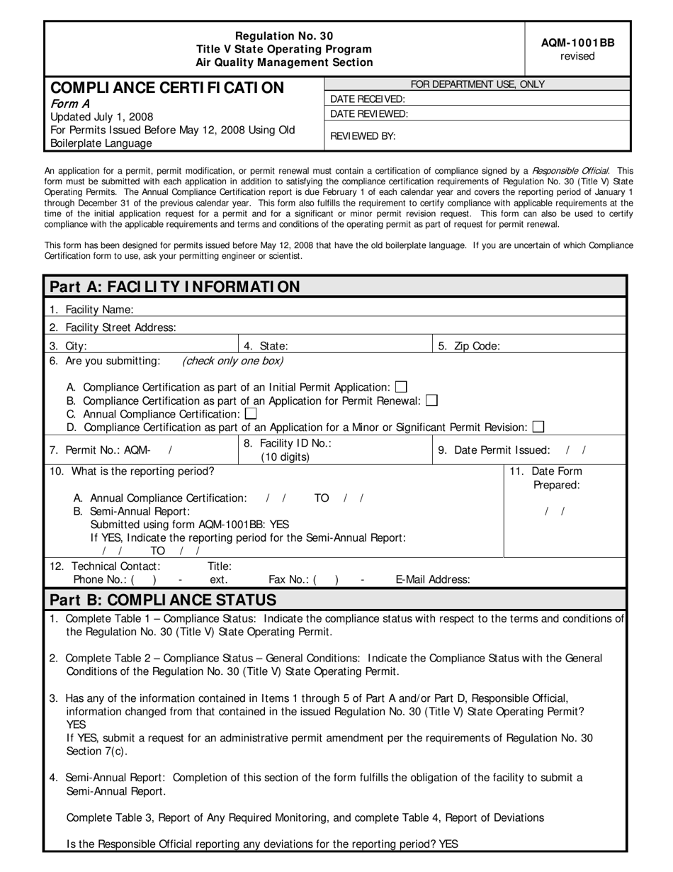 Form AQM-1001BB (A) Compliance Certification - Delaware, Page 1