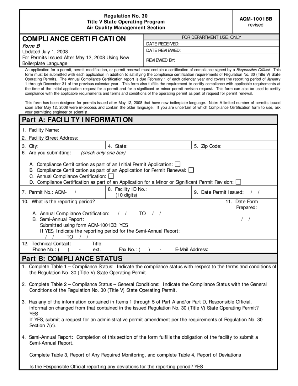Form AQM-1001BB (B) Compliance Certification - Delaware, Page 1