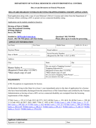 Document preview: Delaware Disabled Veterans Hunting/Trapping/Fishing Exempt Application Form - Delaware