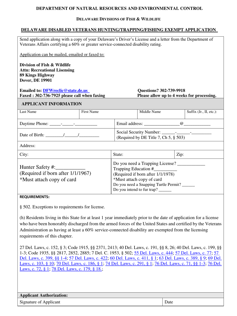 Delaware Disabled Veterans Hunting / Trapping / Fishing Exempt Application Form - Delaware, Page 1