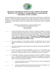 &quot;Checklist for Persons Applying for a Permit (Or Permit Renewal) to Construct and/or Operate a Sanitary or Industrial Waste Landfill&quot; - Delaware