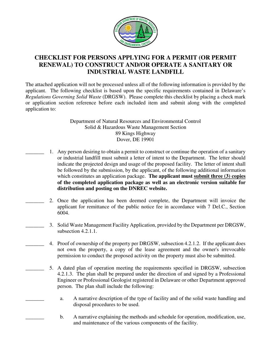 Checklist for Persons Applying for a Permit (Or Permit Renewal) to Construct and / or Operate a Sanitary or Industrial Waste Landfill - Delaware, Page 1