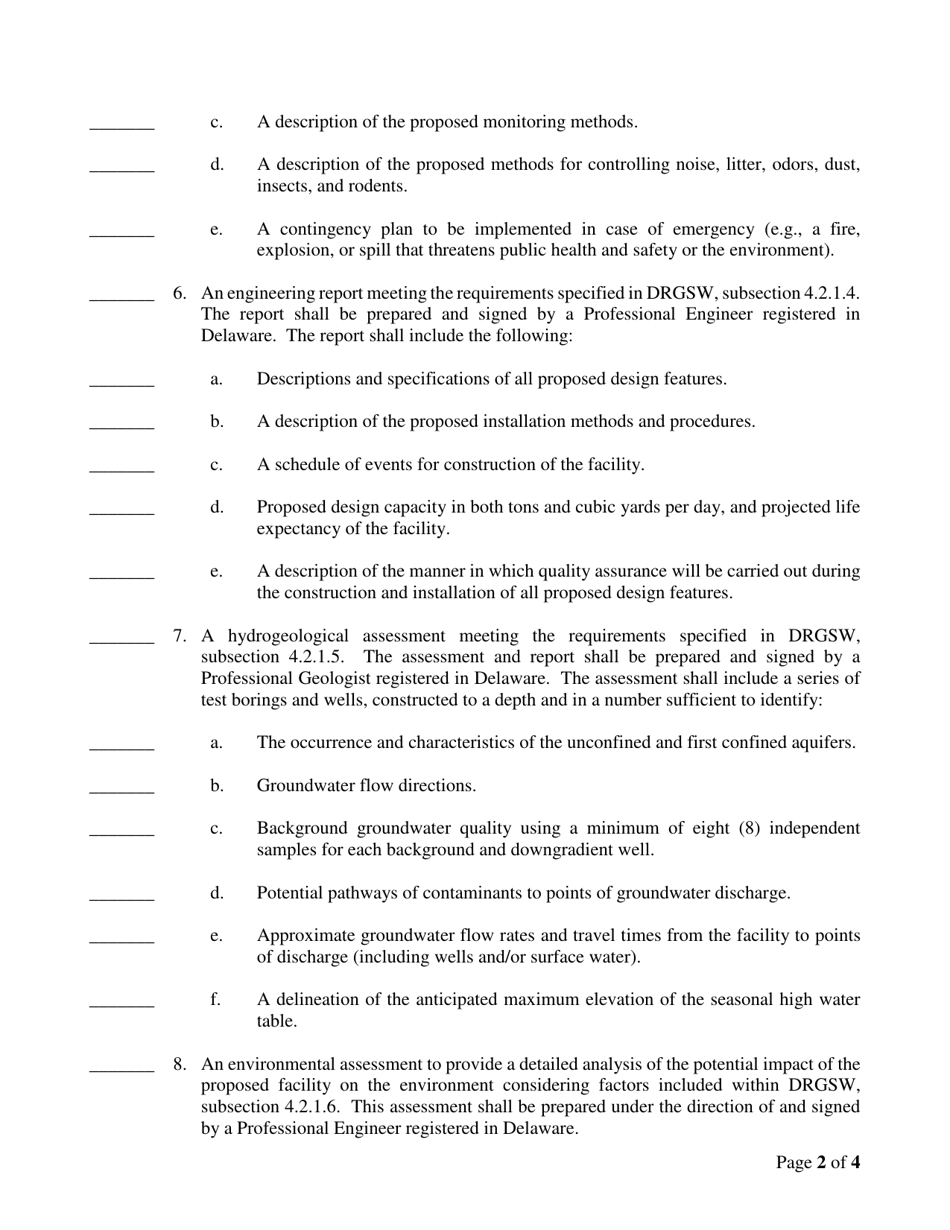 Checklist for Persons Applying for a Permit (Or Permit Renewal) to Construct and / or Operate a Sanitary or Industrial Waste Landfill - Delaware, Page 2