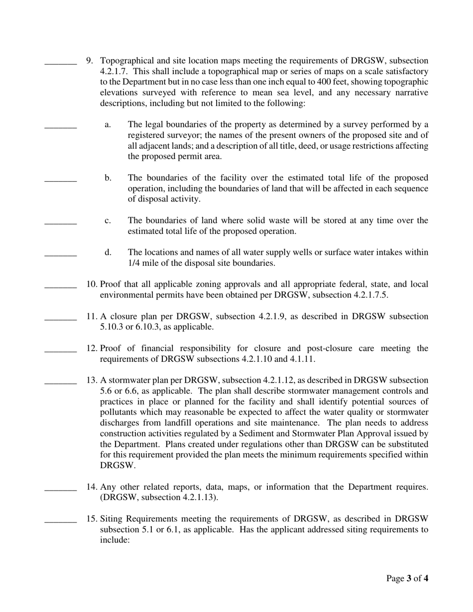 Checklist for Persons Applying for a Permit (Or Permit Renewal) to Construct and / or Operate a Sanitary or Industrial Waste Landfill - Delaware, Page 3