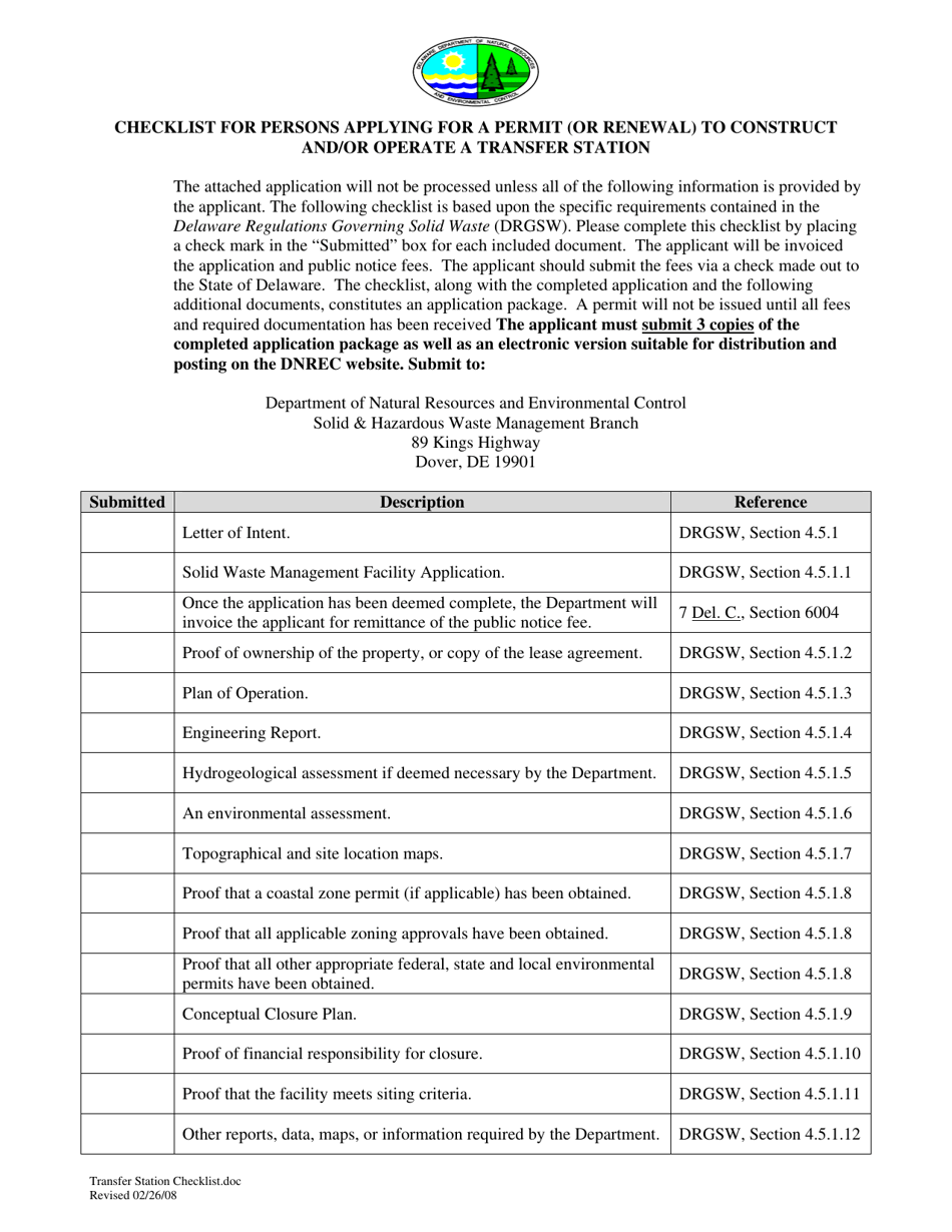 Checklist for Persons Applying for a Permit (Or Renewal) to Construct and / or Operate a Transfer Station - Delaware, Page 1