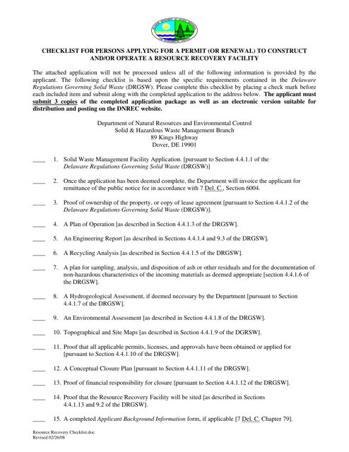 Checklist for Persons Applying for a Permit (Or Renewal) to Construct and / or Operate a Resource Recovery Facility - Delaware Download Pdf