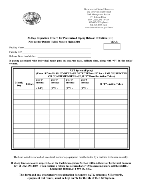 30-day Inspection Record for Pressurized Piping Release Detection (Rd) - Delaware