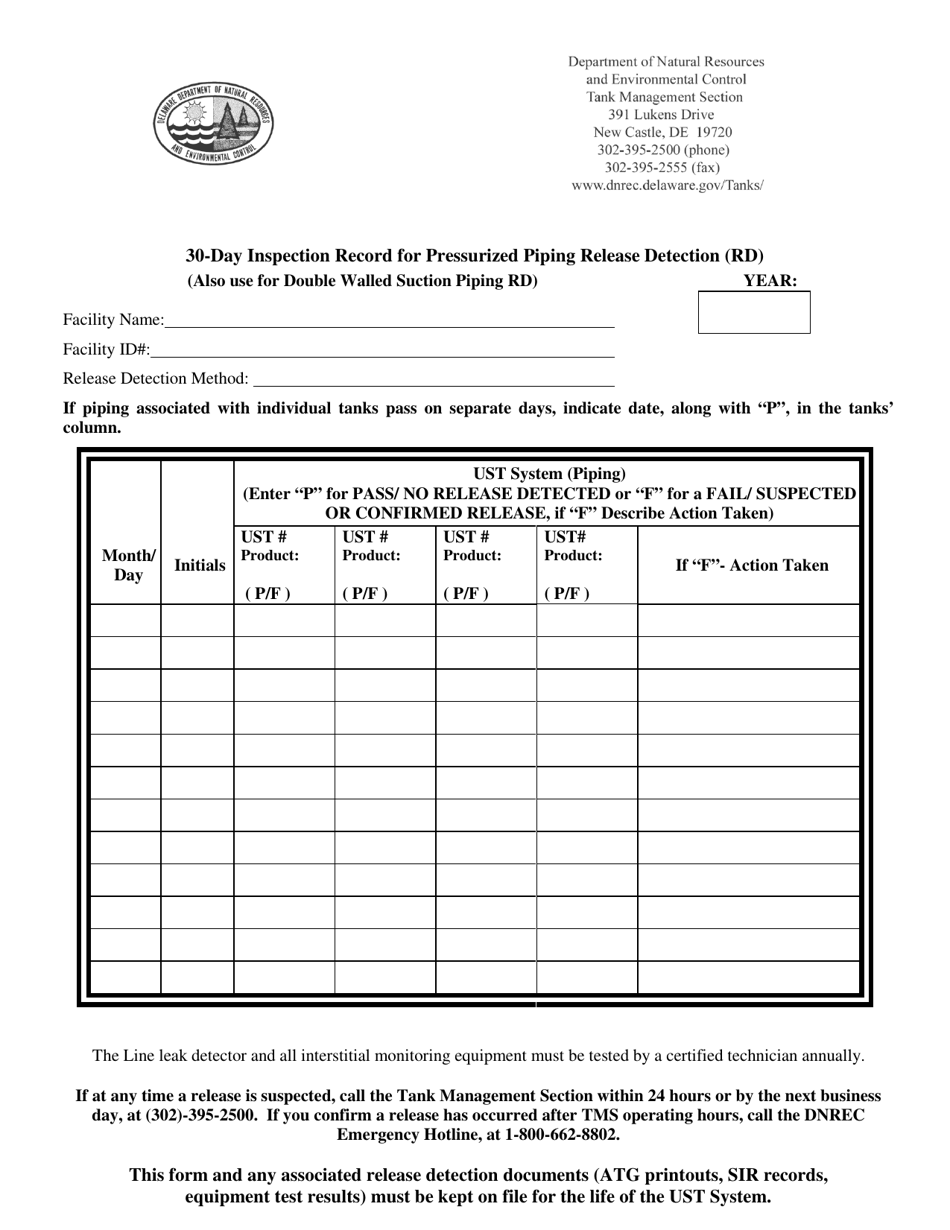30-day Inspection Record for Pressurized Piping Release Detection (Rd) - Delaware, Page 1