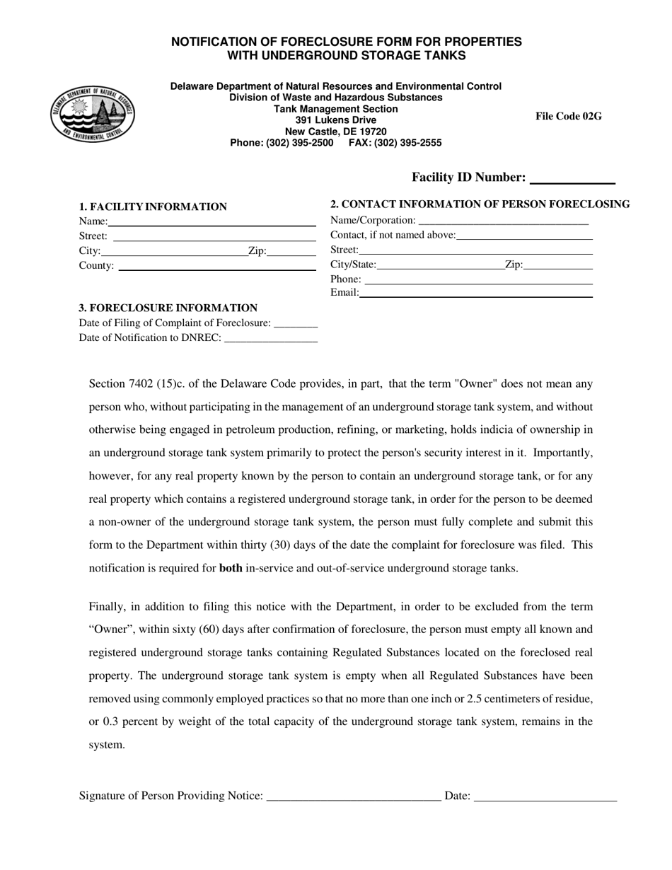 Notification of Foreclosure Form for Properties With Underground Storage Tanks - Delaware, Page 1