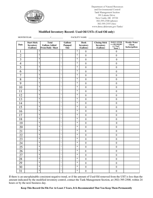 Modified Inventory Record- Used Oil Usts (Used Oil Only) - Delaware Download Pdf