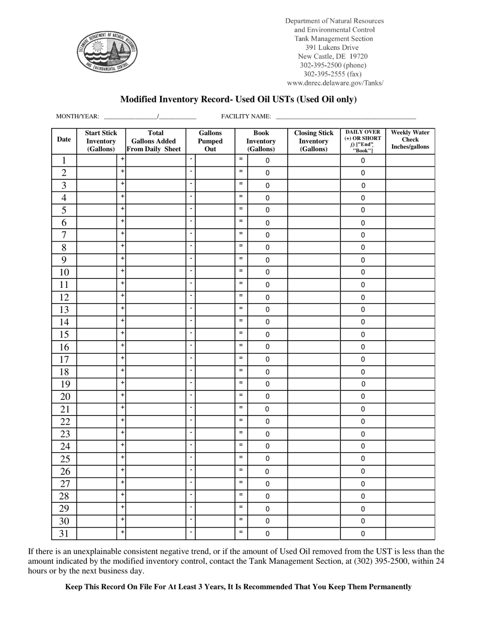 Modified Inventory Record- Used Oil Usts (Used Oil Only) - Delaware, Page 1
