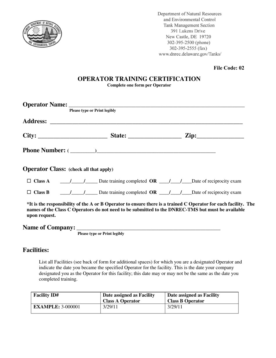 Operator Training Certification Form - Delaware, Page 1