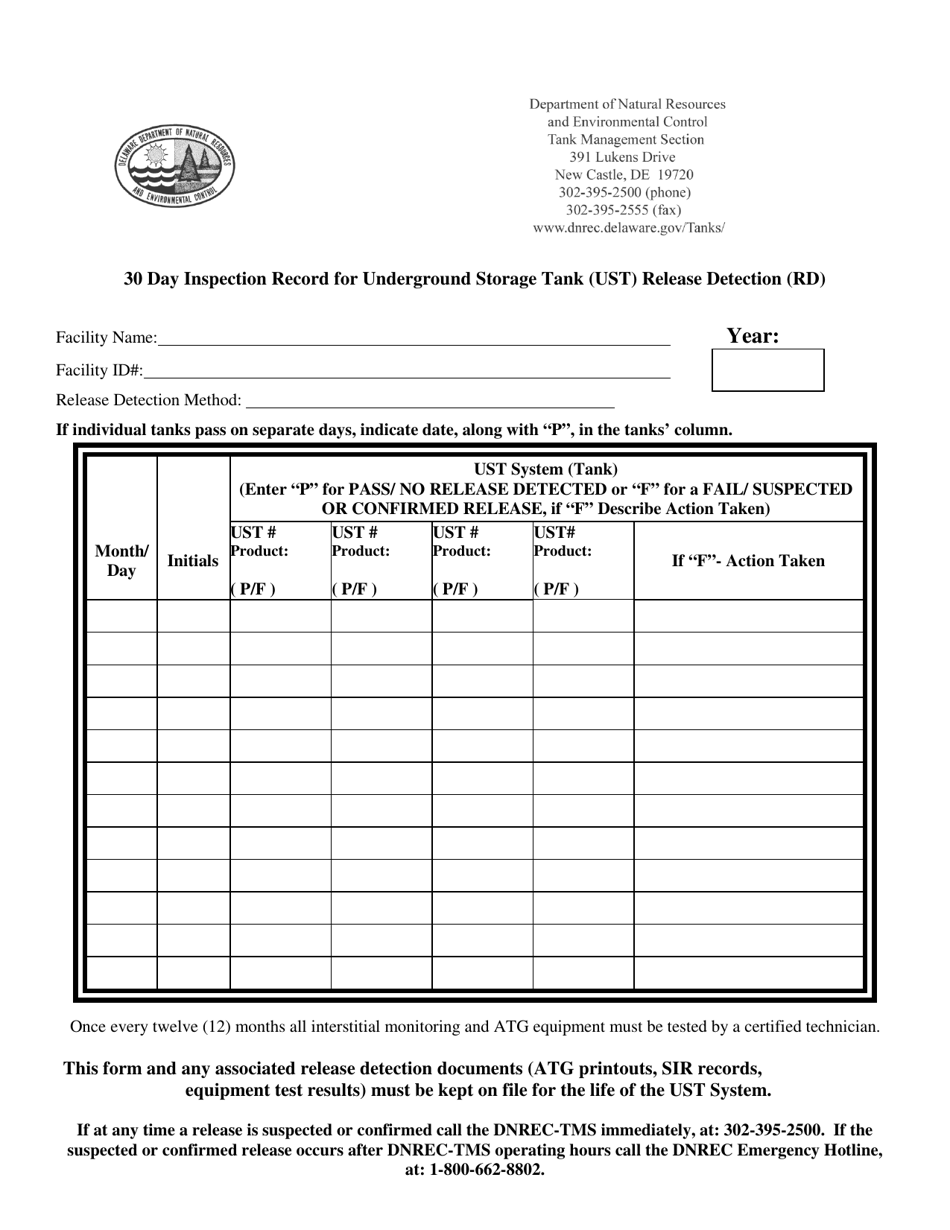 30 Day Inspection Record for Underground Storage Tank (Ust) Release Detection (Rd) - Delaware, Page 1