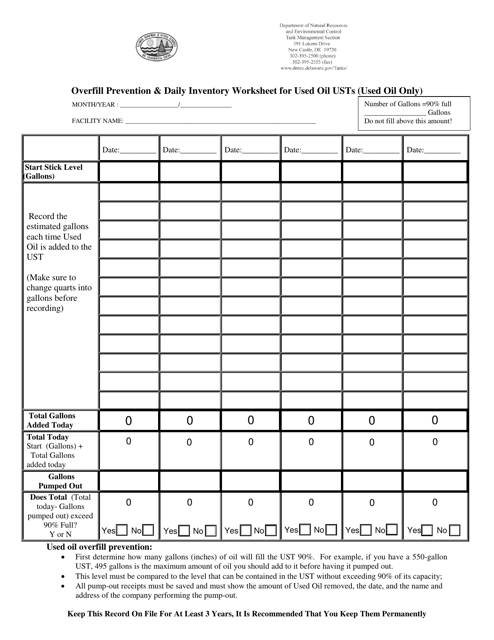 Overfill Prevention & Daily Inventory Worksheet for Used Oil Usts (Used Oil Only) - Delaware