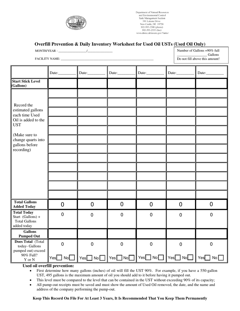 Overfill Prevention  Daily Inventory Worksheet for Used Oil Usts (Used Oil Only) - Delaware, Page 1