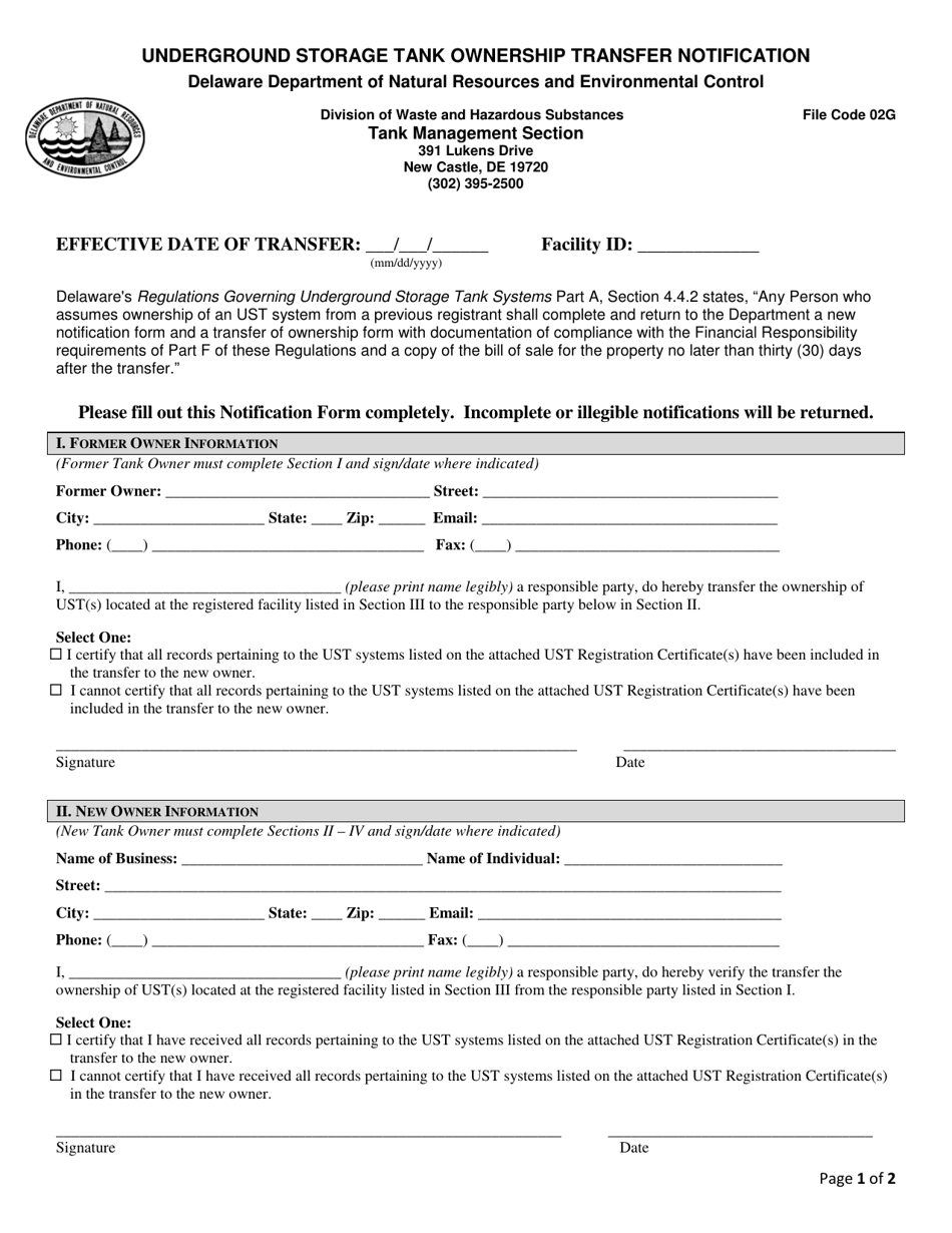 Underground Storage Tank Ownership Transfer Notification (Regulated Usts) - Delaware, Page 1