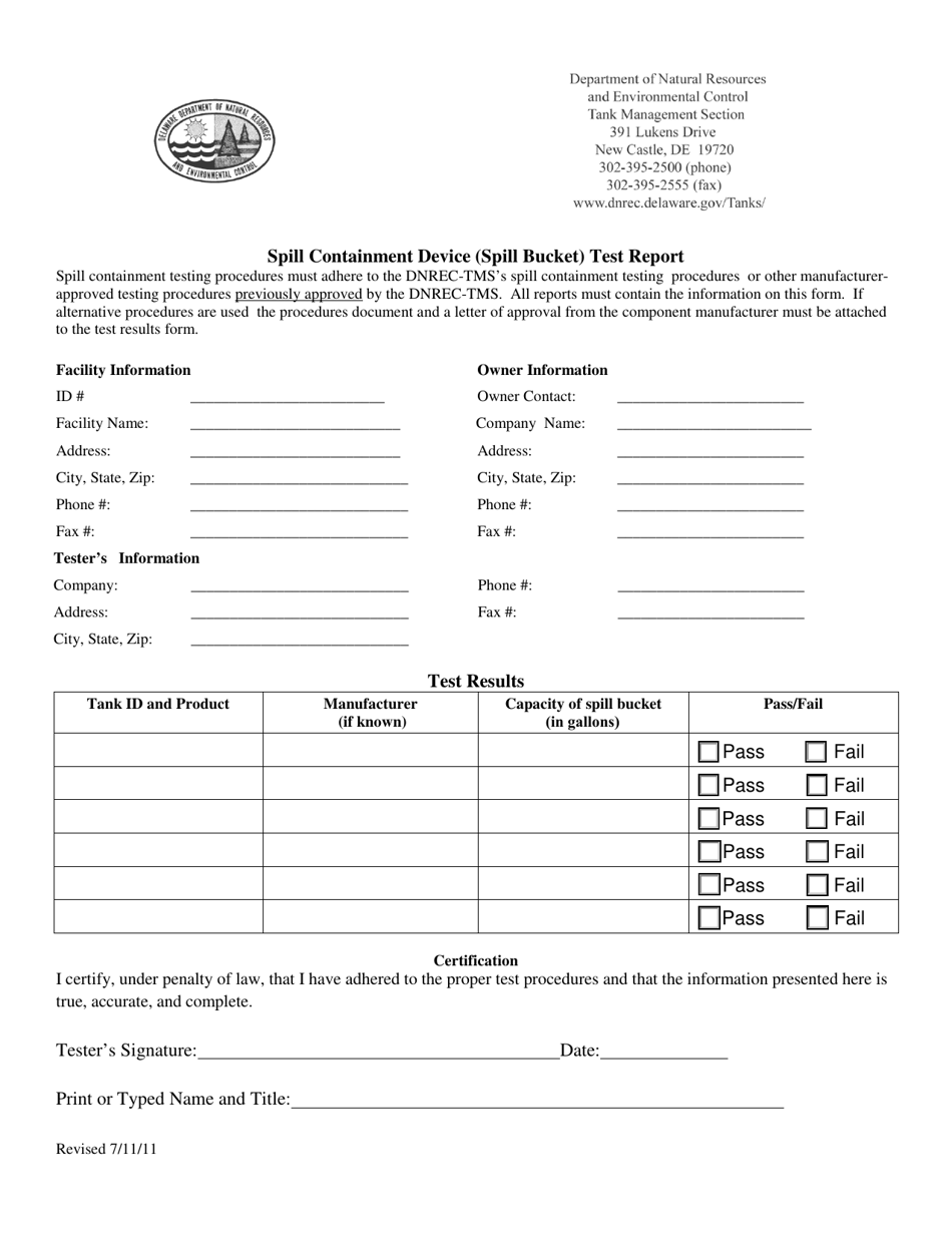 Delaware Spill Containment Device (Spill Bucket) Test Report Form Delaware Spill Containment Device (Spill Bucket) Test Report Form