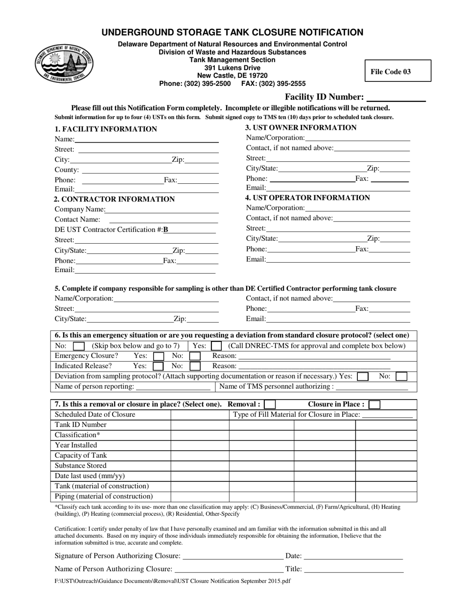 Underground Storage Tank Closure Notification Form - Delaware, Page 1