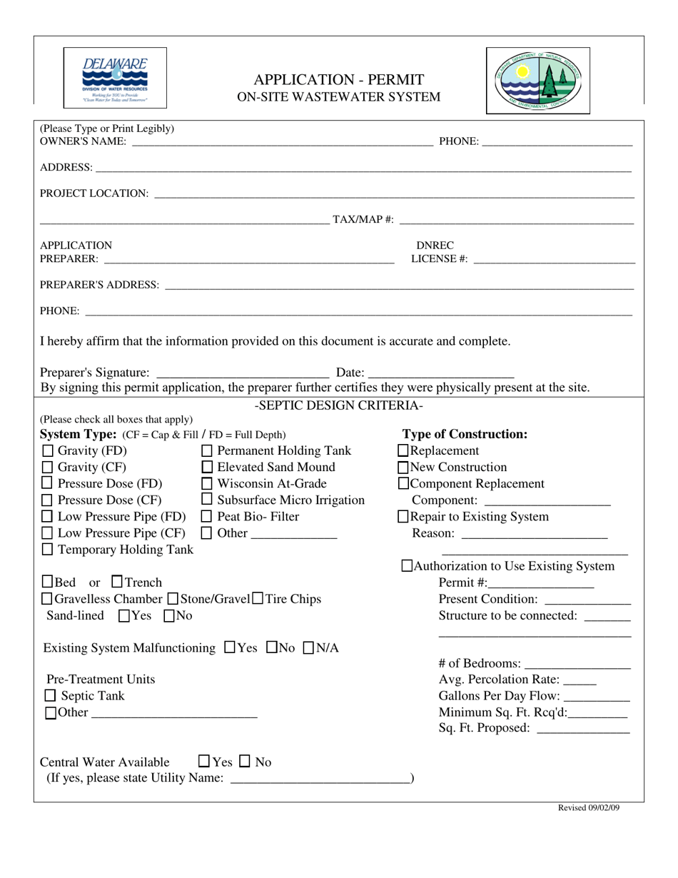 On-Site Wastewater System Septic Permit Application - Delaware, Page 1