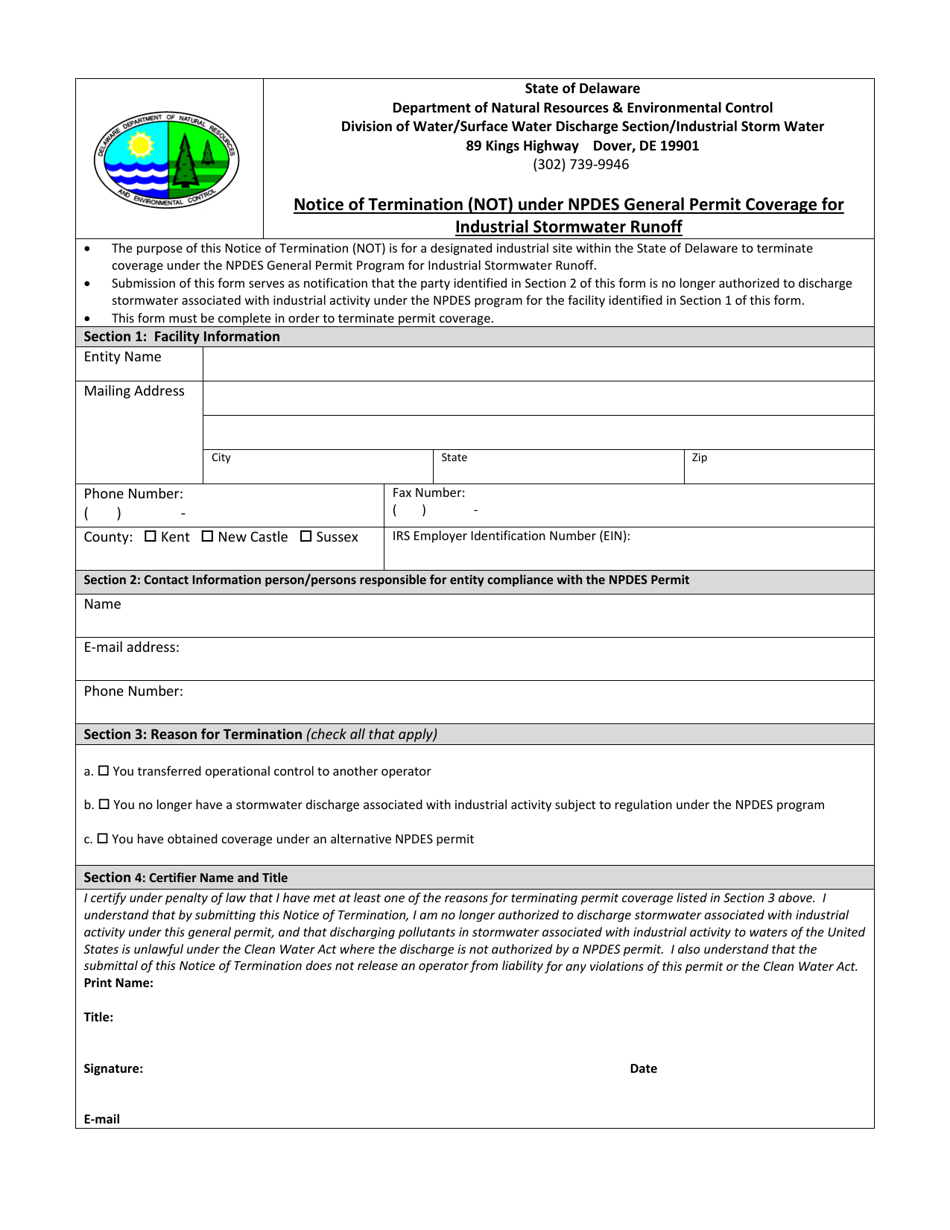 Notice of Termination (Not) Under Npdes General Permit Coverage for Industrial Stormwater Runoff - Delaware, Page 1