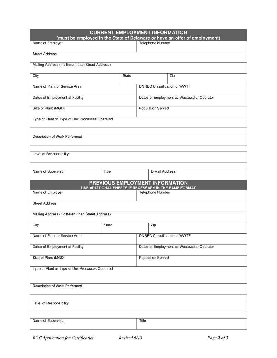 Application for Certification Wastewater Treatment Plant Operator - Delaware, Page 2