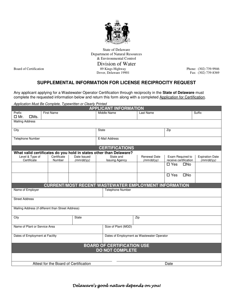 Delaware Supplemental Information for License Reciprocity Request