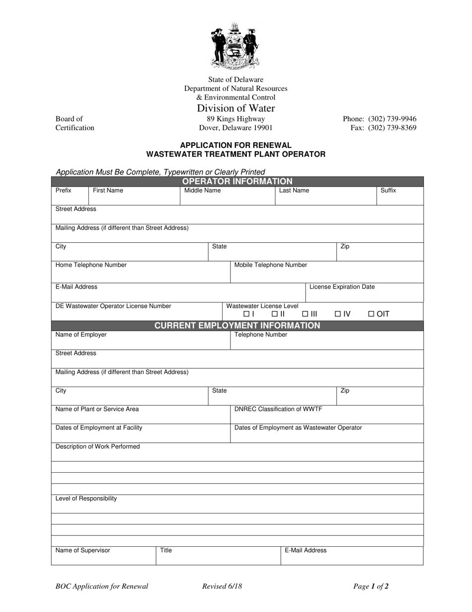 Application for Renewal Wastewater Treatment Plant Operator - Delaware, Page 1