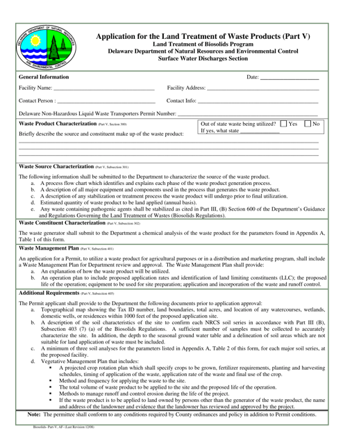 Application for the Land Treatment of Waste Products (Part V) - Delaware