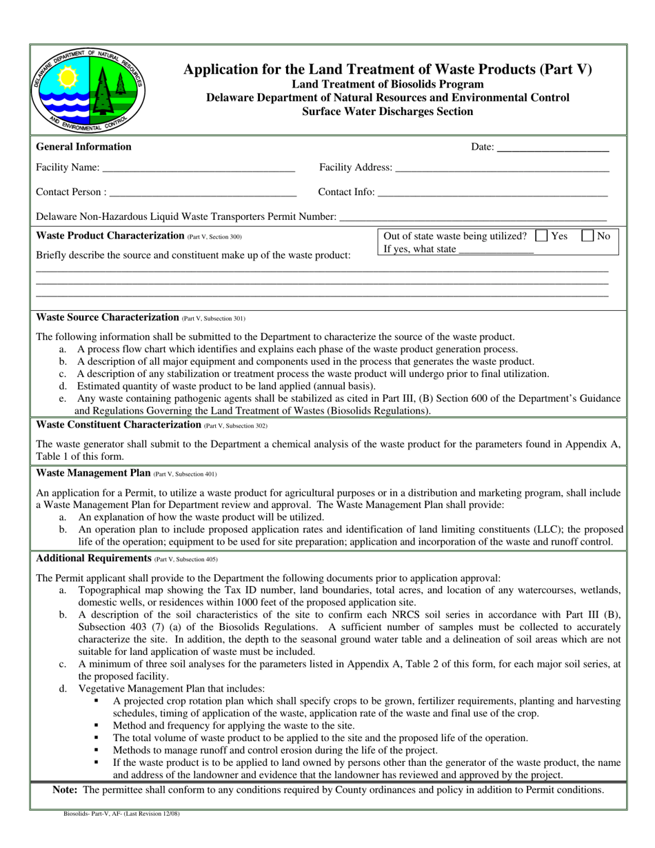 Application for the Land Treatment of Waste Products (Part V) - Delaware, Page 1