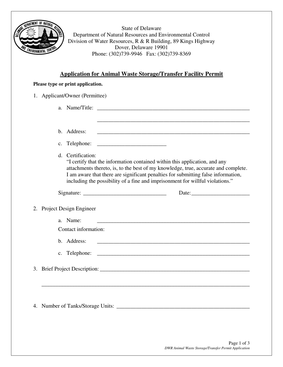 Application for Animal Waste Storage / Transfer Facility Permit - Delaware, Page 1