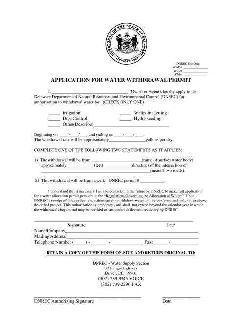 Application for Water Withdrawal Permit - Delaware Download Pdf