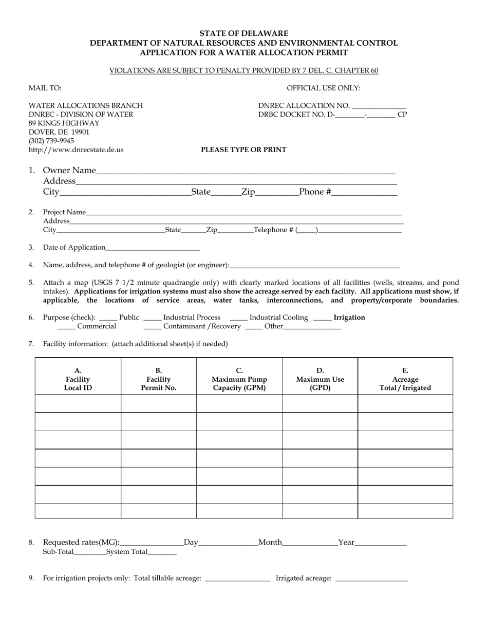 Delaware Application for a Water Allocation Permit - Fill Out, Sign ...