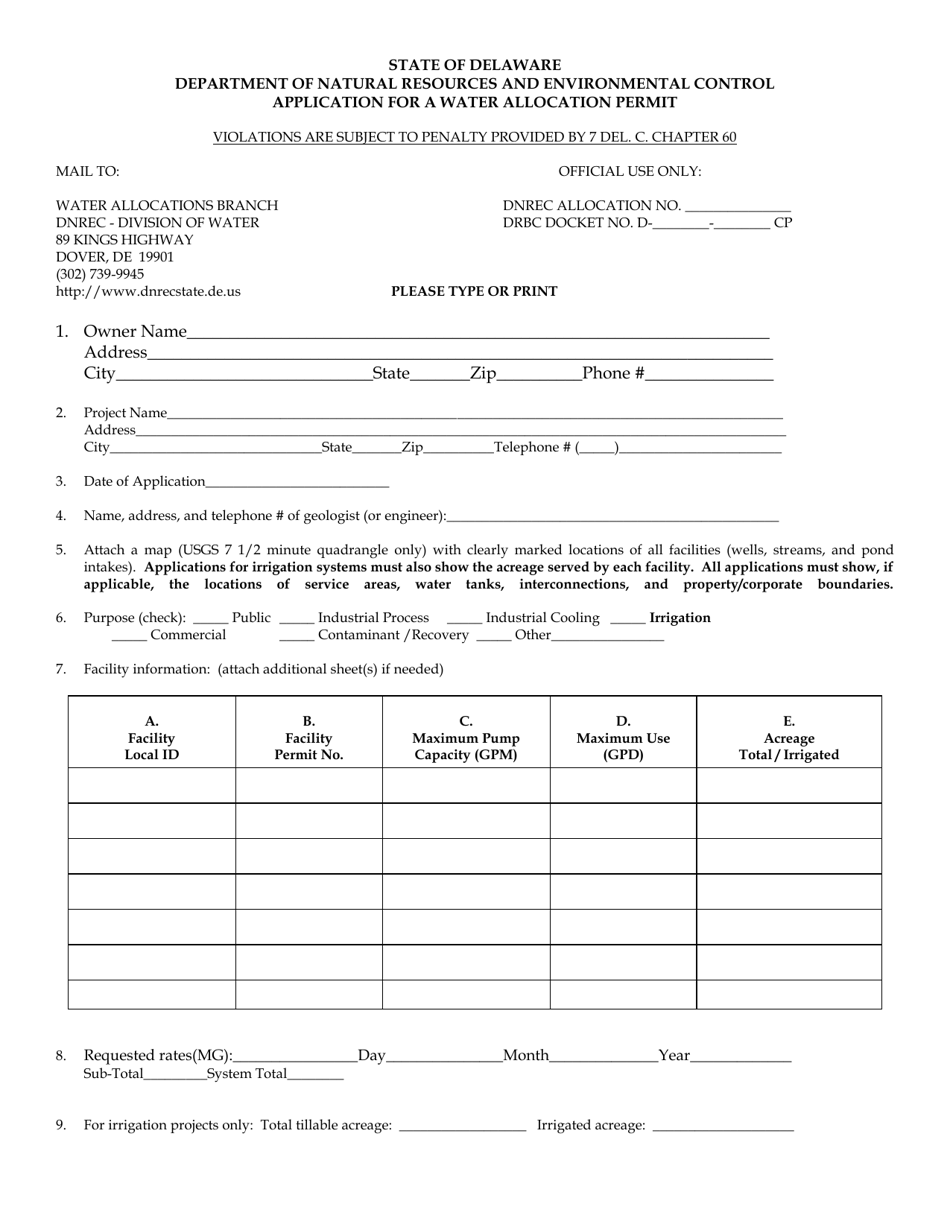 Application for a Water Allocation Permit - Delaware, Page 1