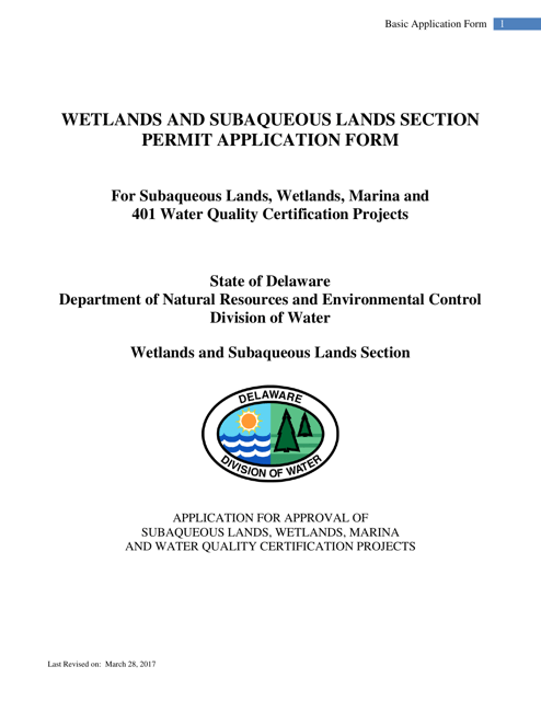 Wetlands and Subaqueous Lands Section Permit Application Form - Delaware Download Pdf