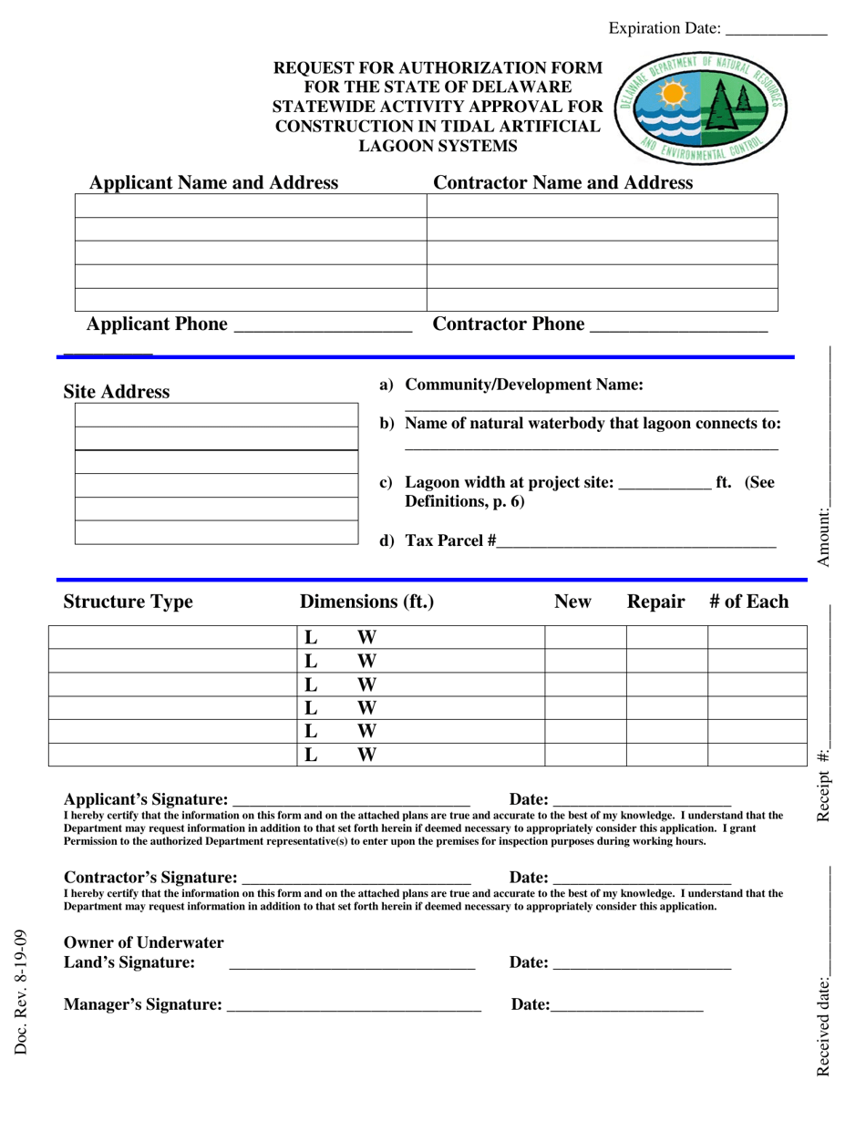 Request for Authorization Form for the State of Delaware Statewide Activity Approval for Construction in Tidal Artificial Lagoon Systems - Delaware, Page 1
