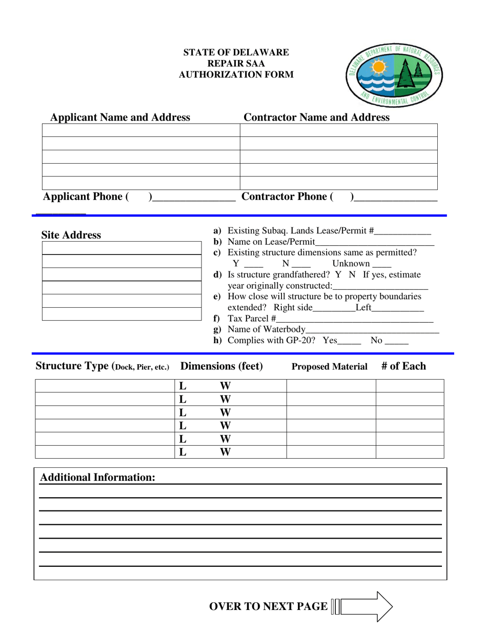 Repair Saa Authorization Form - Delaware, Page 1