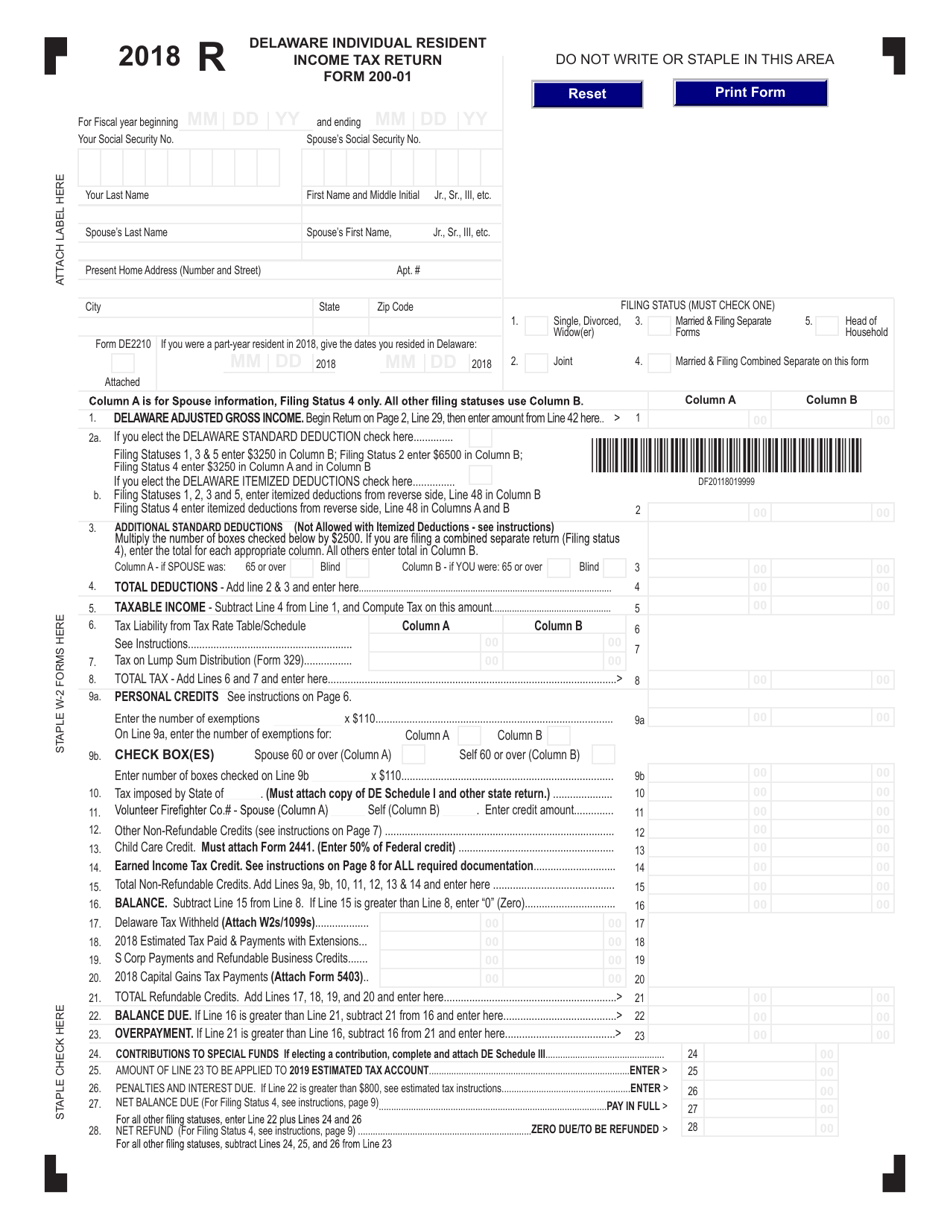 Form 200-01 Individual Resident Income Tax Return - Delaware, Page 1