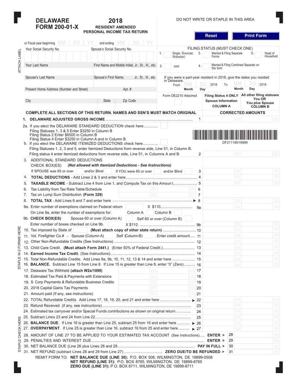 Form 200-01-X Resident Amended Personal Income Tax Return - Delaware, Page 1