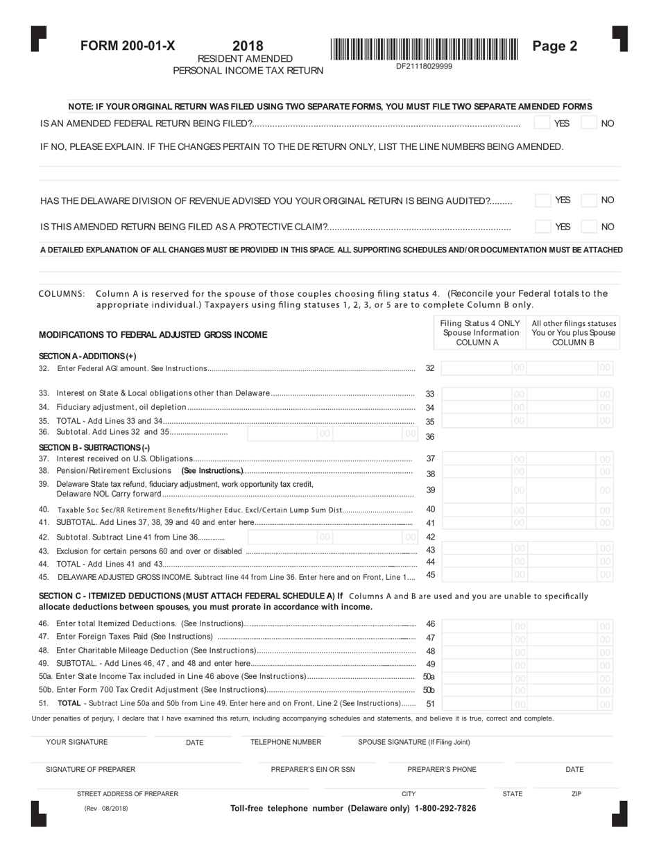Form 200-01-X Resident Amended Personal Income Tax Return - Delaware, Page 2