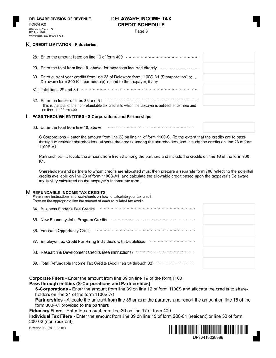 Form 700 Delaware Income Tax Credit Schedule - Delaware, Page 3