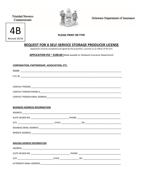 Form 4B Request for a Self-service Storage Producer License - Delaware