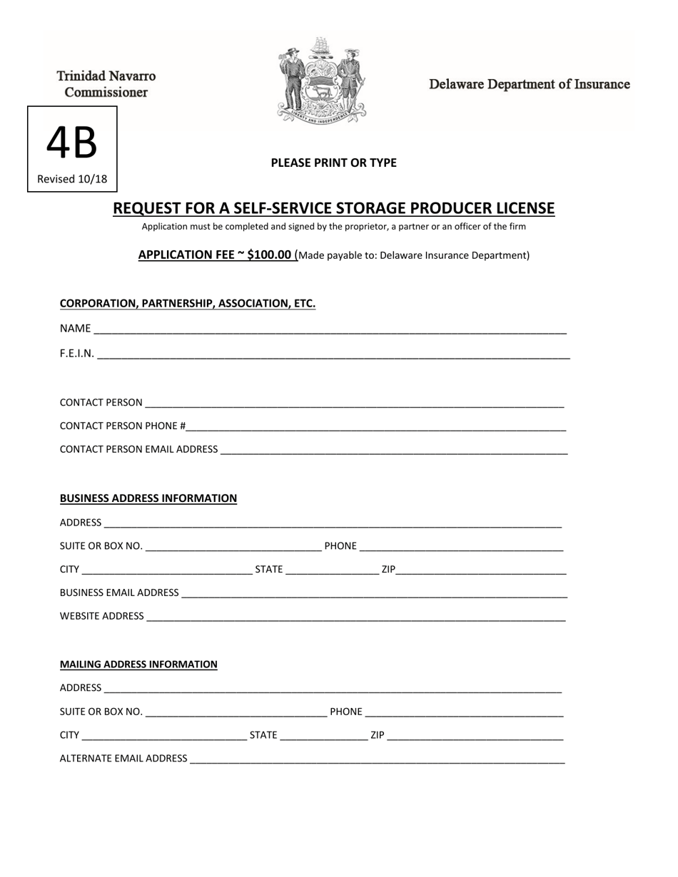 Form 4B Request for a Self-service Storage Producer License - Delaware, Page 1