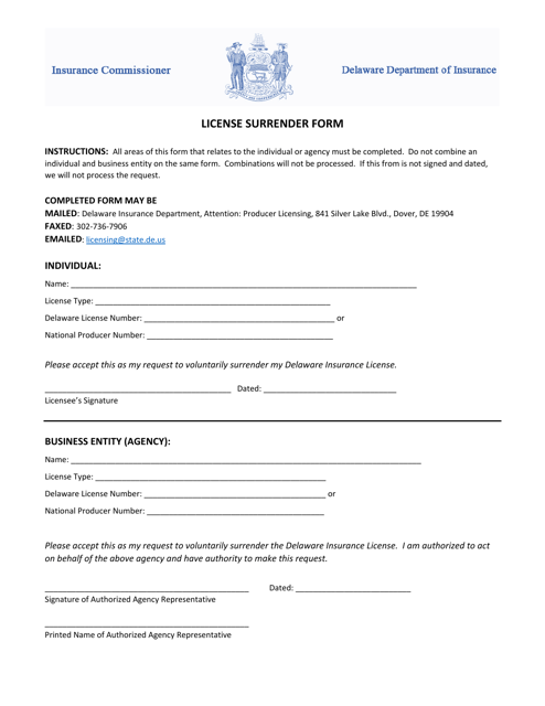 Delaware License Surrender Form Download Fillable PDF | Templateroller