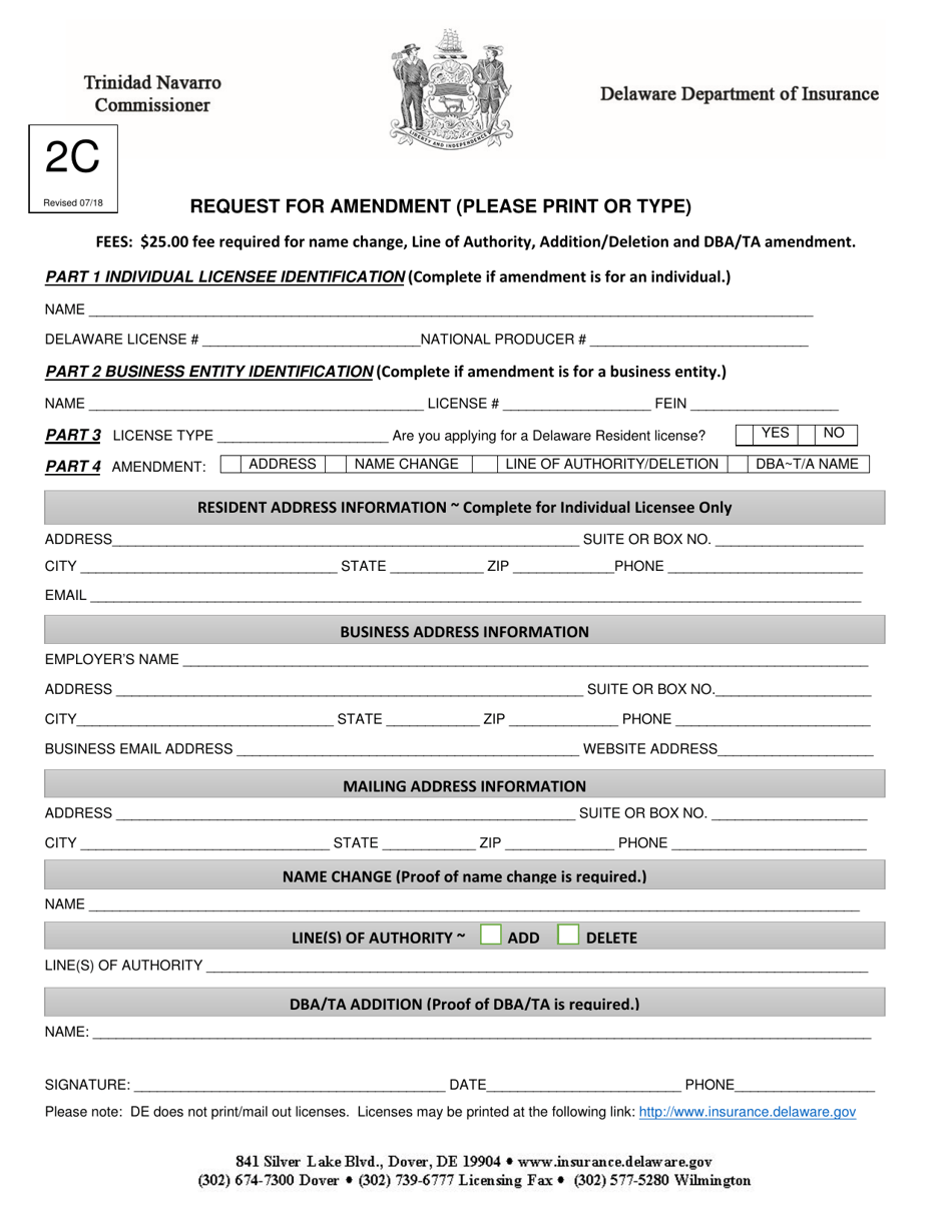 Form 2C Request for Amendment - Delaware, Page 1