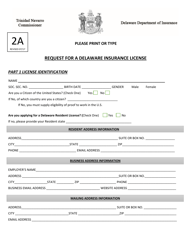 Form 2A Request for a Delaware Insurance License - Delaware