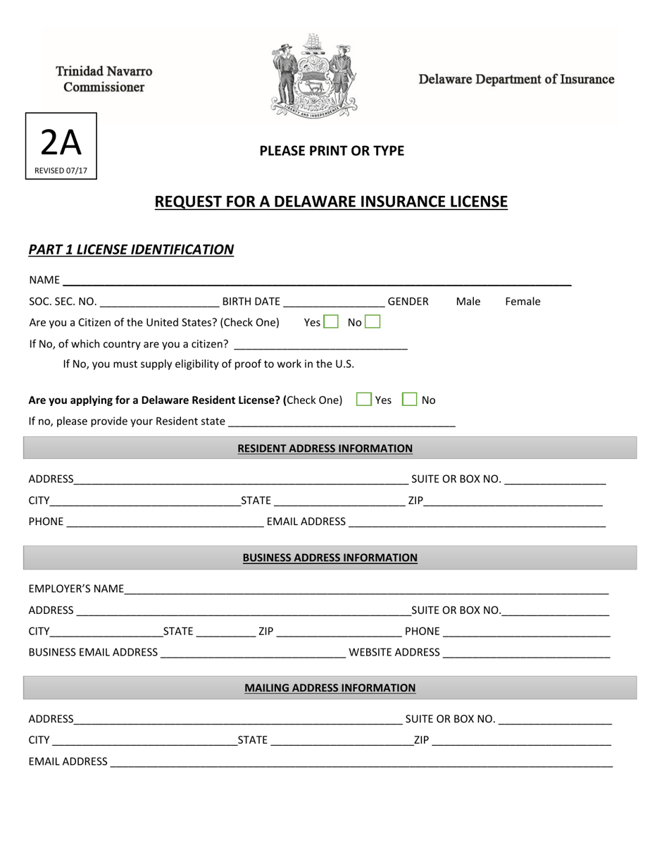 Form 2A Request for a Delaware Insurance License - Delaware, Page 1