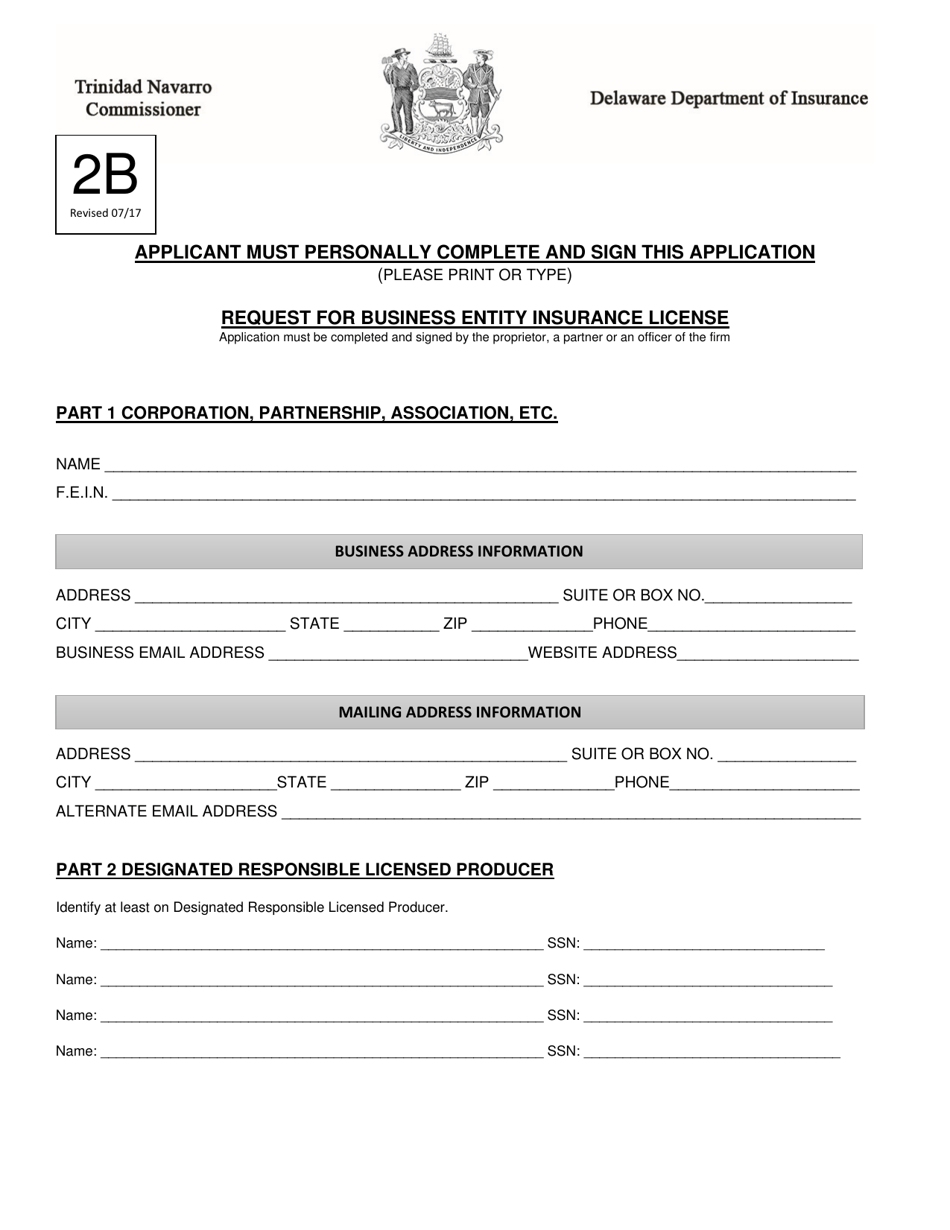 Form 2B Request for Business Entity Insurance License - Delaware, Page 1