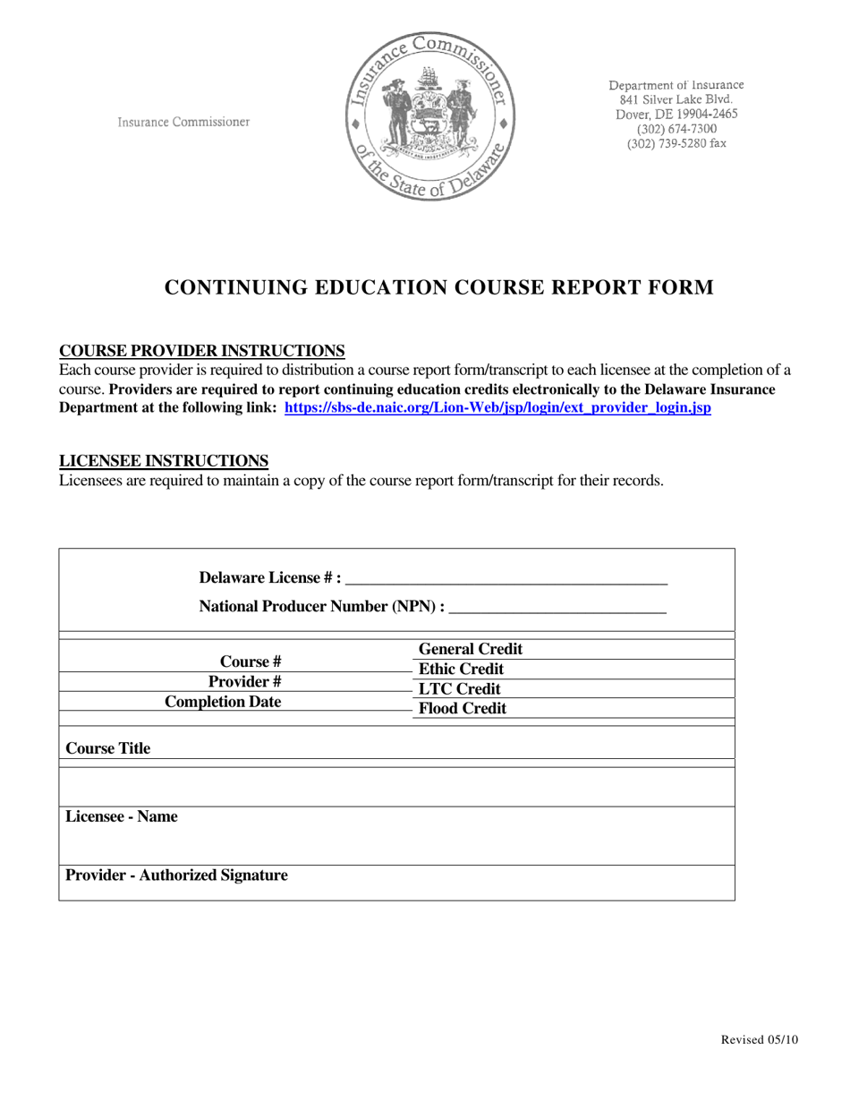 Continuing Education Course Report Form - Delaware, Page 1
