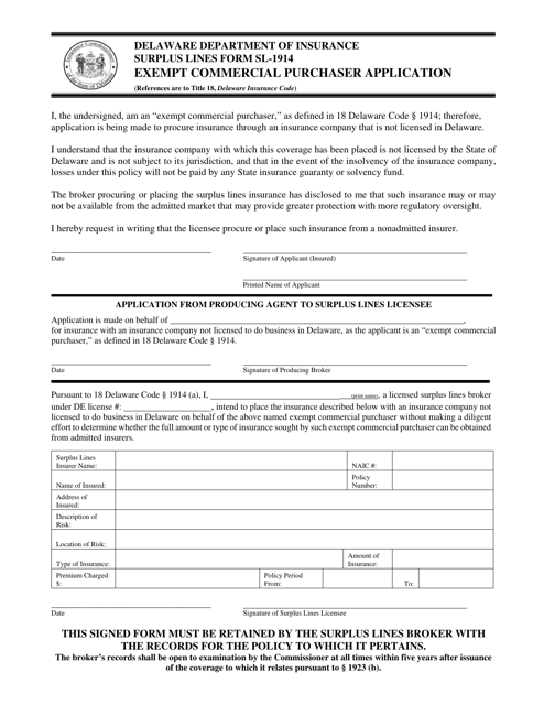 Form SL-1914 Exempt Commercial Purchaser Application - Delaware