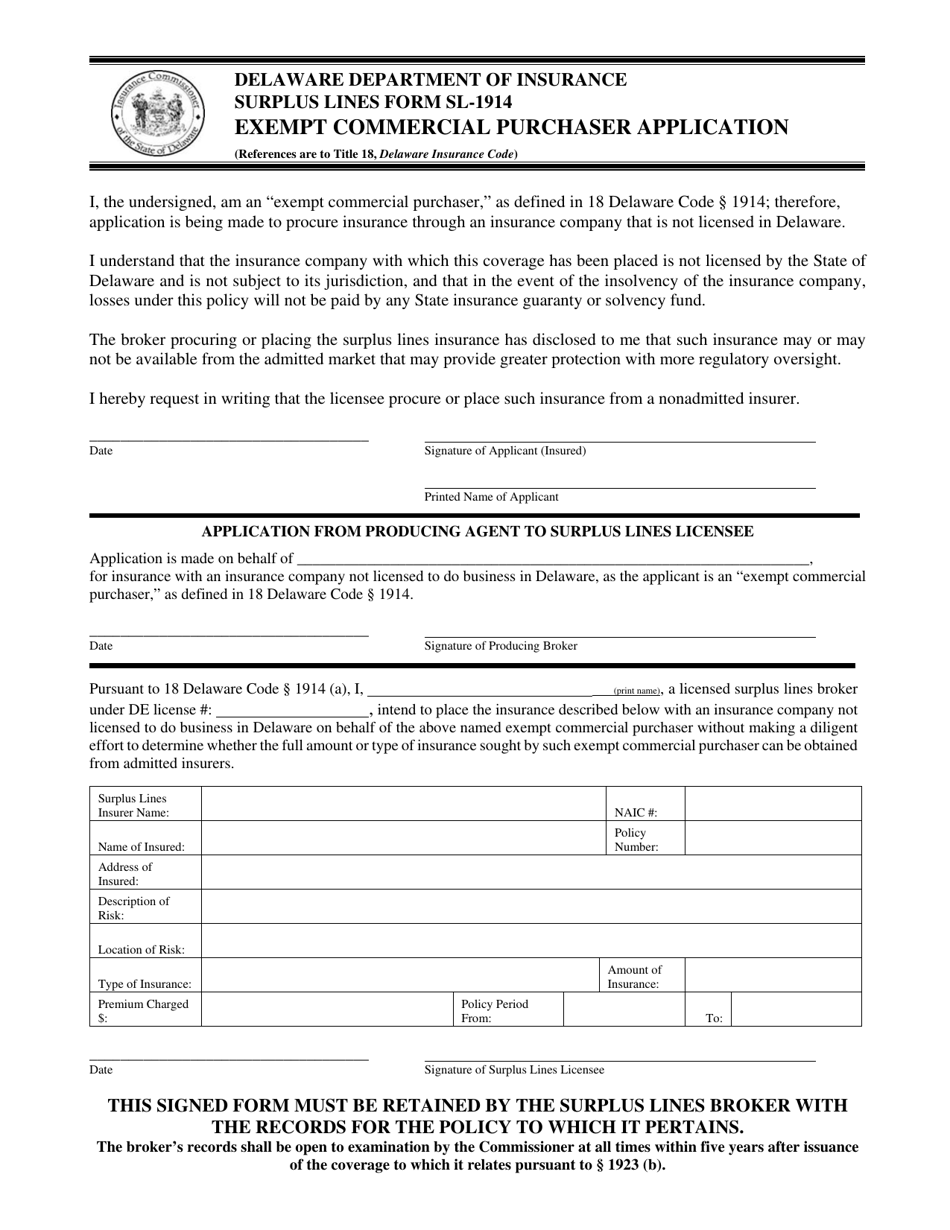 Form SL-1914 Exempt Commercial Purchaser Application - Delaware, Page 1